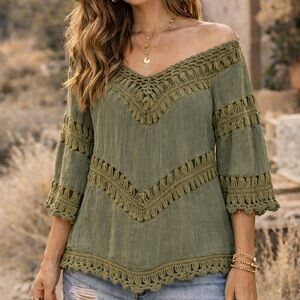 Cliche Olive Green Boho Crochet Trim Blouse Festival Off-Shoulder Top Size S